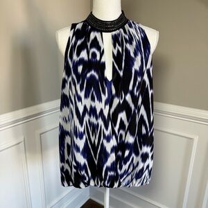 Nicole Miller Embellished Mock Neck Sleeveless Blue and White Blouse Size Large